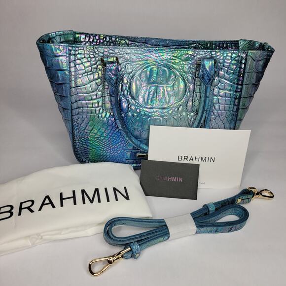 BRAHMIN Small Ashlee Blue Topaz Melbourne Satchel Leather Iridescent Holo NWT - Picture 12 of 14